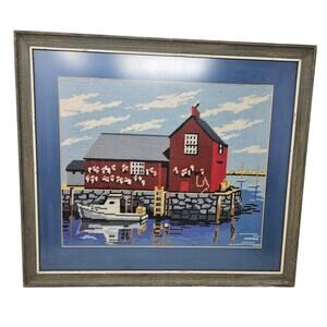 Vintage Handmade Framed Needlepoint Coastal Maine Ship Fishing 20x17 in Cottage